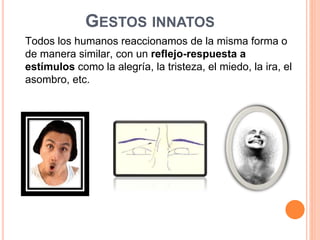 GESTOS INNATOS
Todos los humanos reaccionamos de la misma forma o
de manera similar, con un reflejo-respuesta a
estímulos como la alegría, la tristeza, el miedo, la ira, el
asombro, etc.
 