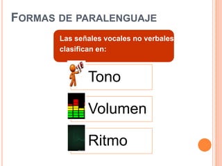FORMAS DE PARALENGUAJE
Las señales vocales no verbales se
clasifican en:
Tono
Volumen
Ritmo
 