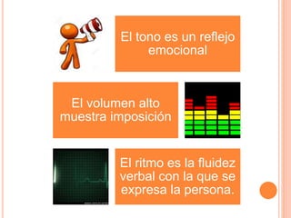 El tono es un reflejo
emocional
El volumen alto
muestra imposición
El ritmo es la fluidez
verbal con la que se
expresa la persona.
 