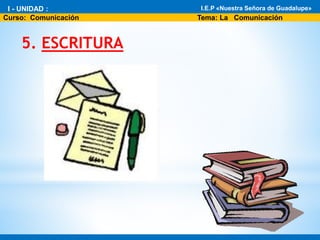 5. ESCRITURA
* I - Unidad : El fascinante mundo de la Biología
* Área: Ciencia Tecnología y Ambiente 1°
I.E.P «Nuestra Señora de Guadalupe»
Curso: Comunicación Tema: La Comunicación
I - UNIDAD : I.E.P «Nuestra Señora de Guadalupe»
 