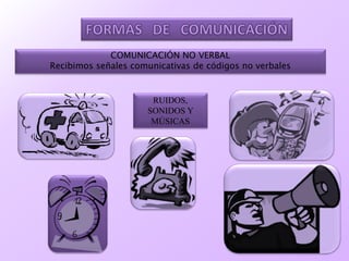 COMUNICACIÓN NO VERBAL
Recibimos señales comunicativas de códigos no verbales
RUIDOS,
SONIDOS Y
MÚSICAS
 
