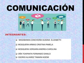 COMUNICACIÓN
INTEGRANTES:
 MASABANDA CANCHIGÑA SUSANA ELIZABETH
 MOSQUERA ARMAS CRISTINA PAMELA
 MOSQUERA VERGARA ANDREA CAROLINA
 OÑA TOAPANTA FERNANDO DANILO
 OSORIO ALVAREZ TAMARA NOEMI
 