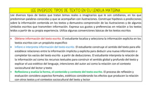 LEE DIVERSOS TIPOS DE TEXTO EN SU LENGUA MATERNA
Lee diversos tipos de textos que tratan temas reales o imaginarios que le son cotidianos, en los que
predominan palabras conocidas y que se acompañan con ilustraciones. Construye hipótesis o predicciones
sobre la información contenida en los textos y demuestra comprensión de las ilustraciones y de algunos
símbolos escritos que transmiten información. Expresa sus gustos y preferencias en relación a los textos
leídos a partir de su propia experiencia. Utiliza algunas convenciones básicas de los textos escritos
 Obtiene información del texto escrito. El estudiante localiza y selecciona la información explicita en los
textos escritos con un propósito especifico
 Infiere e interpreta información del texto escrito. El estudiante construye el sentido del texto para ello
establece relaciones entre la información implícita y explicita para deducir una nueva información o
completar los vacíos del texto escrito a partir de deducciones. El estudiante interpreta la relación de
la información así como los recursos textuales para construir el sentido global y profundo del texto y
explicar el uso estético del lenguaje, intenciones del autor así como la relación con el contexto
sociocultural del lector y texto
 Reflexiona y evalúa la forma, el contenido y contexto del texto escrito. El proceso de reflexión y
evaluación considera aspectos formales, estéticos considerando los efectos que producen la relación
con otros textos y el contextos sociocultural del texto y lector
 