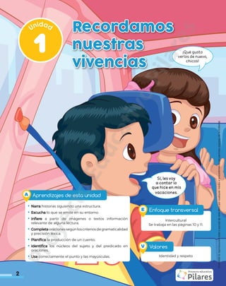 2
1
Unidad
Recordamos
nuestras
vivencias
•	Narra historias siguiendo una estructura.
•	Escucha lo que se emite en su entorno.
•	Infiere a partir de imágenes o textos información
relevante de alguna lectura.
•	Completaoracionessegúnloscriteriosdegramaticalidad
y precisión léxica.
•	Planifica la producción de un cuento.
•	Identifica los núcleos del sujeto y del predicado en
oraciones.
•	Usa correctamente el punto y las mayúsculas.
Aprendizajes de esta unidad
A
Identidad y respeto
Valores
V
Intercultural
Se trabaja en las páginas 10 y 11.
Enfoque transversal
E
Sí, les voy
a contar lo
que hice en mis
vacaciones.
¡Qué gusto
verlos de nuevo,
chicos!
2
Prohibida
la
reproducción
total
o
parcial
de
este
libro
por
cualquier
medio
o
procedimiento
sin
permiso
expreso
de
la
Editorial.
P
r
o
y
e
c
t
o
E
d
u
c
a
t
i
v
o
P
i
l
a
r
e
s
 