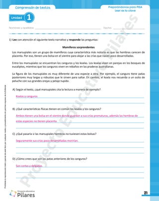 Nombres y apellidos:_________________________________________________ Fecha: ________________________
Preparándonos para PISA
Leer es la clave
Unidad 1
Comprensión de textos
21
Prohibida
la
reproducción
total
o
parcial
de
este
libro
por
cualquier
medio
o
procedimiento
sin
permiso
expreso
de
la
Editorial.
1)	Lee con atención el siguiente texto narrativo y responde las preguntas:
Mamíferos sorprendentes
Los marsupiales son un grupo de mamíferos cuya característica más notoria es que las hembras carecen de
placenta. Por eso, tienen una bolsa en el vientre para alojar a las crías que nacen poco desarrolladas.
Entre los marsupiales se encuentran los canguros y los koalas. Los koalas viven en parejas en los bosques de
eucaliptos, mientras que los canguros viven en rebaños en las praderas australianas.
La figura de los marsupiales es muy diferente de una especie a otra. Por ejemplo, el canguro tiene patas
posteriores muy largas y robustas que le sirven para saltar. En cambio, el koala nos recuerda a un osito de
peluche con sus grandes orejas y pelaje tupido.
A)	Según el texto, ¿qué marsupiales cita la lectura a manera de ejemplo?
______________________________________________________________________________________
______________________________________________________________________________________
B)	¿Qué características físicas tienen en común los koalas y los canguros?
______________________________________________________________________________________
______________________________________________________________________________________
______________________________________________________________________________________
C)	¿Qué pasaría si las marsupiales hembras no tuviesen estas bolsas?
______________________________________________________________________________________
______________________________________________________________________________________
______________________________________________________________________________________
D)	¿Cómo crees que son las patas anteriores de los canguros?
______________________________________________________________________________________
______________________________________________________________________________________
______________________________________________________________________________________
Koalas y canguros
Ambos tienen una bolsa en el vientre donde guardan a sus crías prematuras, además las hembras de
estas especies no tienen placenta.
Seguramente sus crías poco desarrolladas morirían.
Son cortas y delgadas.
P
r
o
y
e
c
t
o
E
d
u
c
a
t
i
v
o
P
i
l
a
r
e
s
 