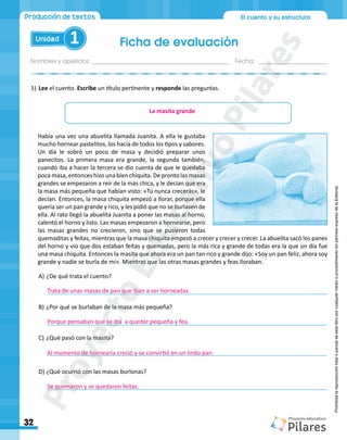 Nombres y apellidos:___________________________________________ Fecha: ______________________
Ficha de evaluación
32
El cuento y su estructura
Unidad 1
Producción de textos
Prohibida
la
reproducción
total
o
parcial
de
este
libro
por
cualquier
medio
o
procedimiento
sin
permiso
expreso
de
la
Editorial.
Había una vez una abuelita llamada Juanita. A ella le gustaba
mucho hornear pastelitos, los hacía de todos los tipos y sabores.
Un día le sobró un poco de masa y decidió preparar unos
panecitos. La primera masa era grande, la segunda también,
cuando iba a hacer la tercera se dio cuenta de que le quedaba
poca masa, entonces hizo una bien chiquita. De pronto las masas
grandes se empezaron a reír de la más chica, y le decían que era
la masa más pequeña que habían visto: «Tú nunca crecerás», le
decían. Entonces, la masa chiquita empezó a llorar, porque ella
quería ser un pan grande y rico, y les pidió que no se burlasen de
ella. Al rato llegó la abuelita Juanita a poner las masas al horno,
calentó el horno y listo. Las masas empezaron a hornearse, pero
las masas grandes no crecieron, sino que se pusieron todas
quemaditas y feítas, mientras que la masa chiquita empezó a crecer y crecer y crecer. La abuelita sacó los panes
del horno y vio que dos estaban feítas y quemadas, pero la más rica y grande de todas era la que un día fue
una masa chiquita. Entonces la masita que ahora era un pan tan rico y grande dijo: «Soy un pan feliz, ahora soy
grande y nadie se burla de mí». Mientras que las otras masas grandes y feas lloraban.
1)	Lee el cuento. Escribe un título pertinente y responde las preguntas.
A)	¿De qué trata el cuento?
	______________________________________________________________________________________
B)	¿Por qué se burlaban de la masa más pequeña?
	______________________________________________________________________________________
C)	¿Qué pasó con la masita?
	______________________________________________________________________________________
D)	¿Qué ocurrió con las masas burlonas?
	______________________________________________________________________________________
Trata de unas masas de pan que iban a ser horneadas.
Porque pensaban que se iba a quedar pequeña y fea.
Al momento de hornearla creció y se convirtió en un lindo pan.
Se quemaron y se quedaron feítas.
La masita grande
P
r
o
y
e
c
t
o
E
d
u
c
a
t
i
v
o
P
i
l
a
r
e
s
 