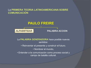 La PRIMERA TEORIA LATINOAMERICANA SOBRE
COMUNICACIÓN
PAULO FREIRE
PALABRA ACCION
La PALABRA GENERADORA hace posible nuevos
sentidos:
• Reinventar el presente y construir el futuro.
• Nombrar el mundo,
• Entender a la comunicación como proceso social y
campo de batalla cultural.
 