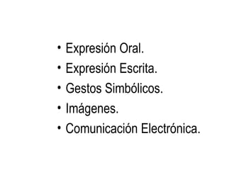 Expresión Oral. Expresión Escrita. Gestos Simbólicos. Imágenes. Comunicación Electrónica. 