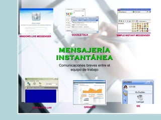 MENSAJERÍA INSTANTÁNEA Comunicaciones breves entre el equipo de trabajo MENSAJERO LAN WINDOWS LIVE MESSENGER  GOOGLE TALK SIMPLE INSTANT MESSENGER QQ OPENFIRE  