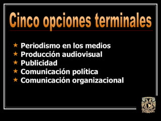 Cinco opciones terminales Periodismo en los medios Producción audiovisual Publicidad Comunicación política Comunicación organizacional 