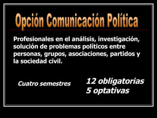 Cuatro semestres Profesionales en el análisis, investigación, solución de problemas políticos entre personas, grupos, asociaciones, partidos y la sociedad civil.  12 obligatorias 5 optativas Opción Comunicación Política 