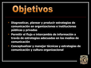 Diagnosticar, planear y producir estrategias de comunicación en organizaciones e instituciones públicas y privadas Permitir el flujo e intercambio de información a través de estrategias adecuadas en los medios de comunicación Conceptualizar y manejar técnicas y estrategias de comunicación y cultura organizacional   Objetivos 