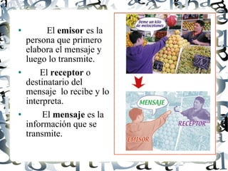 El  emisor  es la persona que primero elabora el mensaje y luego lo transmite.  El  receptor  o destinatario del mensaje  lo recibe y lo interpreta.  El  mensaje  es la información que se transmite.    