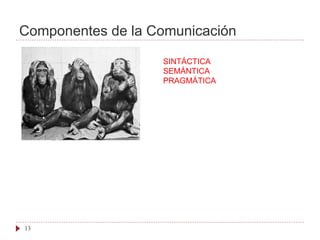 Componentes de la Comunicación
13
SINTÁCTICA
SEMÁNTICA
PRAGMÁTICA
 