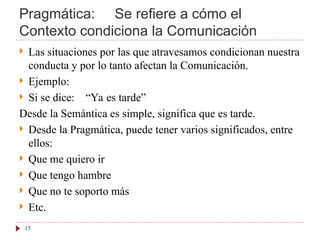 Pragmática: Se refiere a cómo el
Contexto condiciona la Comunicación
 Las situaciones por las que atravesamos condicionan nuestra
conducta y por lo tanto afectan la Comunicación.
 Ejemplo:
 Si se dice: “Ya es tarde”
Desde la Semántica es simple, significa que es tarde.
 Desde la Pragmática, puede tener varios significados, entre
ellos:
 Que me quiero ir
 Que tengo hambre
 Que no te soporto más
 Etc.
15
 