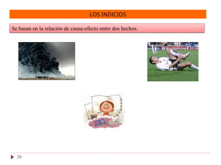 LOS INDICIOS
Se basan en la relación de causa-efecto entre dos hechos.
29
 