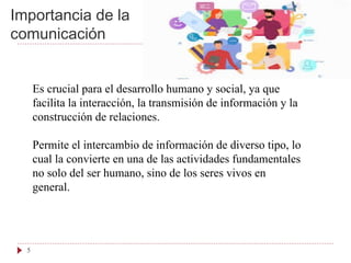 Importancia de la
comunicación
5
Es crucial para el desarrollo humano y social, ya que
facilita la interacción, la transmisión de información y la
construcción de relaciones.
Permite el intercambio de información de diverso tipo, lo
cual la convierte en una de las actividades fundamentales
no solo del ser humano, sino de los seres vivos en
general.
 