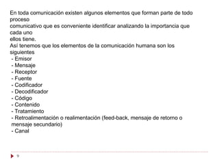 9
En toda comunicación existen algunos elementos que forman parte de todo
proceso
comunicativo que es conveniente identificar analizando la importancia que
cada uno
ellos tiene.
Así tenemos que los elementos de la comunicación humana son los
siguientes
- Emisor
- Mensaje
- Receptor
- Fuente
- Codificador
- Decodificador
- Código
- Contenido
- Tratamiento
- Retroalimentación o realimentación (feed-back, mensaje de retorno o
mensaje secundario)
- Canal
 