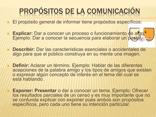 PROPÓSITOS DE LA COMUNICACIÓN
 El propósito general de informar tiene propósitos específicos:
 Explicar: Dar a conocer un proceso o funcionamiento de algo.
Ejemplo: Dar a conocer la secuencia para elaborar un pastel.
 Describir: Dar las características esenciales o accidentales de
algo para que el público construya en su mente una imagen.
 Definir: Aclarar un término. Ejemplo: Hablar de las diferentes
acepciones de la palabra amigo y los tipos de amigos que existen
o expresar algún concepto de interés en el tema del cual se
está hablando.
 Exponer: Presentar o dar a conocer un tema. Ejemplo: Ofrecer
los resultados parciales de un censo y es muy importante que no
se confunda explicar con exponer pues ambos son propósitos
específicos, pero cada uno tiene su intención particular.
 