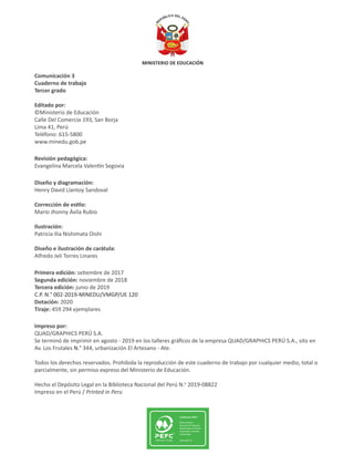 Comunicación 3 cuaderno de trabajo para tercer grado de Educación ...