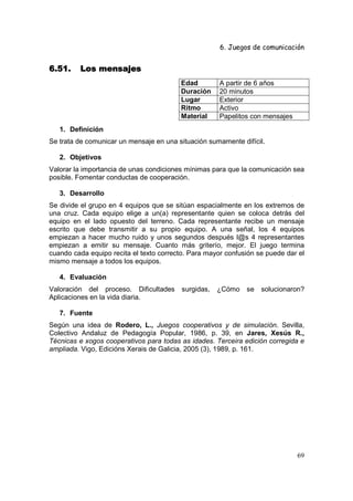 6. Juegos de comunicación


6.51.    Los mensajes
                                         Edad         A partir de 6 años
                                         Duración     20 minutos
                                         Lugar        Exterior
                                         Ritmo        Activo
                                         Material     Papelitos con mensajes
   1. Definición
Se trata de comunicar un mensaje en una situación sumamente difícil.

   2. Objetivos
Valorar la importancia de unas condiciones mínimas para que la comunicación sea
posible. Fomentar conductas de cooperación.

   3. Desarrollo
Se divide el grupo en 4 equipos que se sitúan espacialmente en los extremos de
una cruz. Cada equipo elige a un(a) representante quien se coloca detrás del
equipo en el lado opuesto del terreno. Cada representante recibe un mensaje
escrito que debe transmitir a su propio equipo. A una señal, los 4 equipos
empiezan a hacer mucho ruido y unos segundos después l@s 4 representantes
empiezan a emitir su mensaje. Cuanto más griterío, mejor. El juego termina
cuando cada equipo recita el texto correcto. Para mayor confusión se puede dar el
mismo mensaje a todos los equipos.

   4. Evaluación
Valoración del proceso. Dificultades      surgidas,   ¿Cómo   se   solucionaron?
Aplicaciones en la vida diaria.

   7. Fuente
Según una idea de Rodero, L., Juegos cooperativos y de simulación. Sevilla,
Colectivo Andaluz de Pedagogía Popular, 1986, p. 39, en Jares, Xesús R.,
Técnicas e xogos cooperativos para todas as idades. Terceira edición corregida e
ampliada. Vigo, Edicións Xerais de Galicia, 2005 (3), 1989, p. 161.




                                                                               69
 