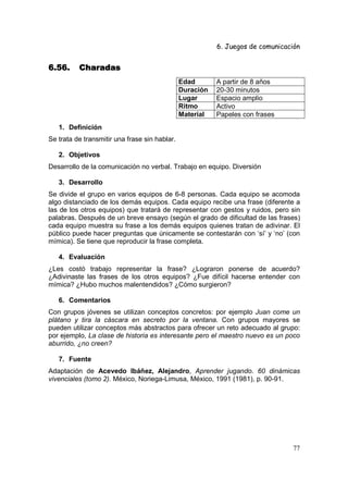 6. Juegos de comunicación


6.56.     Charadas
                                               Edad       A partir de 8 años
                                               Duración   20-30 minutos
                                               Lugar      Espacio amplio
                                               Ritmo      Activo
                                               Material   Papeles con frases
   1. Definición
Se trata de transmitir una frase sin hablar.

   2. Objetivos
Desarrollo de la comunicación no verbal. Trabajo en equipo. Diversión

   3. Desarrollo
Se divide el grupo en varios equipos de 6-8 personas. Cada equipo se acomoda
algo distanciado de los demás equipos. Cada equipo recibe una frase (diferente a
las de los otros equipos) que tratará de representar con gestos y ruidos, pero sin
palabras. Después de un breve ensayo (según el grado de dificultad de las frases)
cada equipo muestra su frase a los demás equipos quienes tratan de adivinar. El
público puede hacer preguntas que únicamente se contestarán con ‘sí’ y ‘no’ (con
mímica). Se tiene que reproducir la frase completa.

   4. Evaluación
¿Les costó trabajo representar la frase? ¿Lograron ponerse de acuerdo?
¿Adivinaste las frases de los otros equipos? ¿Fue difícil hacerse entender con
mímica? ¿Hubo muchos malentendidos? ¿Cómo surgieron?

   6. Comentarios
Con grupos jóvenes se utilizan conceptos concretos: por ejemplo Juan come un
plátano y tira la cáscara en secreto por la ventana. Con grupos mayores se
pueden utilizar conceptos más abstractos para ofrecer un reto adecuado al grupo:
por ejemplo, La clase de historia es interesante pero el maestro nuevo es un poco
aburrido, ¿no creen?

   7. Fuente
Adaptación de Acevedo Ibáñez, Alejandro, Aprender jugando. 60 dinámicas
vivenciales (tomo 2). México, Noriega-Limusa, México, 1991 (1981), p. 90-91.




                                                                                77
 