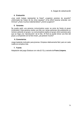 6. Juegos de comunicación

   4. Evaluación
¿Les costó trabajo representar la frase? ¿Lograron ponerse de acuerdo?
¿Adivinaste las frases de los otros equipos? ¿Fue difícil hacerse entender con
mímica? ¿Hubo muchos malentendidos? ¿Cómo surgieron?

   5. Variantes
Se puede pedir una persona comunicadora quien se pone de frente al grupo
(mirándolo). Esta persona recibe una foto con varias personas (de preferencia un
número parecido al grupo). La comunicadora explica al grupo cómo ponerse para
que se haga una ‘reproducción’ de la foto. Al final se puede tomar una foto del
grupo y compararla con la foto inicial: ¿se parecen mucho?

   6. Comentarios
Juego bastante motivador para jóvenes. Empieza relativamente fácil, pero en cada
vuelta se complica más.

   7. Fuente
Adaptación del juego Estatuas con vida (6.13) y variante de Frans Limpens.




                                                                             79
 