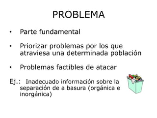 PROBLEMA
•   Parte fundamental

•   Priorizar problemas por los que
    atraviesa una determinada población

•   Problemas factibles de atacar

Ej.: Inadecuado información sobre la
    separación de a basura (orgánica e
    inorgánica)
 