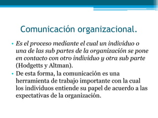 Comunicación organizacional.
• Es el proceso mediante el cual un individuo o
una de las sub partes de la organización se pone
en contacto con otro individuo y otra sub parte
(Hodgetts y Altman).
• De esta forma, la comunicación es una
herramienta de trabajo importante con la cual
los individuos entiende su papel de acuerdo a las
expectativas de la organización.
 