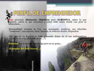 Son personas Altamente Objetivos pero AGRESIVA, saben lo que
quieren, saben lo que necesitan y sobre todo saben donde van pero es
alborotado…
Personalidad: Levanta la Voz, son arriesgado, positivos, son ofrecidos
“Lambones”, son seguros, clara, lanzada, se mueven mucho, dispuestos
Dice que lo va hacer y lo hace y cuando dudas de el son reclamadores
(Ejemplo: tu estas dudando de mi…?)
Persona que si no sabe e investiga pero no se queja…
(Ejemplo: del Jefe Necesi…)

 
