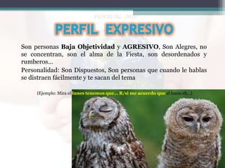 Son personas Baja Objetividad y AGRESIVO, Son Alegres, no
se concentran, son el alma de la Fiesta, son desordenados y
rumberos…
Personalidad: Son Dispuestos, Son personas que cuando le hablas
se distraen fácilmente y te sacan del tema
(Ejemplo: Mira el lunes tenemos que… R/si me acuerdo que el lunes eh…)

 