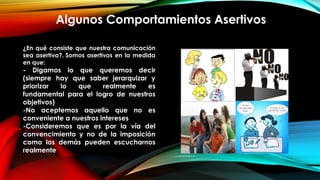 Algunos Comportamientos Asertivos
¿En qué consiste que nuestra comunicación
sea asertiva?. Somos asertivos en la medida
en que:
- Digamos lo que queremos decir
(siempre hay que saber jerarquizar y
priorizar lo que realmente es
fundamental para el logro de nuestros
objetivos)
-No aceptemos aquello que no es
conveniente a nuestros intereses
-Consideremos que es por la vía del
convencimiento y no de la imposición
como los demás pueden escucharnos
realmente
 