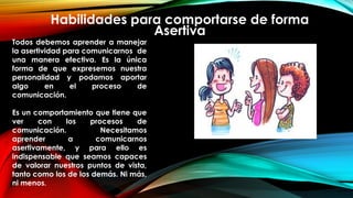 Habilidades para comportarse de forma
Asertiva
Todos debemos aprender a manejar
la asertividad para comunicarnos de
una manera efectiva. Es la única
forma de que expresemos nuestra
personalidad y podamos aportar
algo en el proceso de
comunicación.
Es un comportamiento que tiene que
ver con los procesos de
comunicación. Necesitamos
aprender a comunicarnos
asertivamente, y para ello es
indispensable que seamos capaces
de valorar nuestros puntos de vista,
tanto como los de los demás. Ni más,
ni menos.
 
