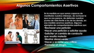 Algunos Comportamientos Asertivos
En la medida en que somos capaces de
manifestar nuestros intereses, de rechazar lo
que no nos parece, de defender nuestros
puntos de vista frente a los de los demás, en
esa medida seremos asertivos. Algunos
ejemplos de comportamientos asertivos son: 
•Rechazar una petición
•Hacer una petición o solicitar ayuda
•Solicitar un cambio de conducta
que resulta molesto
•Mostrar desacuerdo
•Hacer y aceptar una crítica
•Formular un elogio.
 