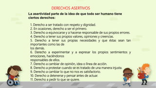 DERECHOS ASERTIVOS 
La asertividad parte de la idea de que todo ser humano tiene 
ciertos derechos: 
1. Derecho a ser tratado con respeto y dignidad. 
2. En ocasiones, derecho a ser el primero. 
3. Derecho a equivocarse y a hacerse responsable de sus propios errores. 
4. Derecho a tener sus propios valores, opiniones y creencias. 
5. Derecho a tener sus propias necesidades y que éstas sean tan 
importantes como las de 
los demás. 
6. Derecho a experimentar y a expresar los propios sentimientos y 
emociones, haciéndonos 
responsables de ellos. 
7. Derecho a cambiar de opinión, idea o línea de acción. 
8. Derecho a protestar cuando se es tratado de una manera injusta. 
9. Derecho a cambiar lo que no nos es satisfactorio. 
10. Derecho a detenerse y pensar antes de actuar. 
11. Derecho a pedir lo que se quiere. 
 