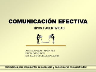 COMUNICACIÓN EFECTIVA
TIPOS Y ASERTIVIDAD
Habilidades para incrementar su capacidad y comunicarse con asertividad
JOHN EDUARDO TRIANA REY
PSICOLOGO (UDES)
ESP. SALUD OCUPACIONAL (UMB)
 