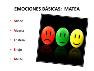 EMOCIONES BÁSICAS: MATEA
• Miedo
• Alegría
• Tristeza
• Enojo
• Afecto
 
