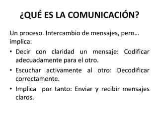 ¿QUÉ ES LA COMUNICACIÓN?
Un proceso. Intercambio de mensajes, pero…
implica:
• Decir con claridad un mensaje: Codificar
adecuadamente para el otro.
• Escuchar activamente al otro: Decodificar
correctamente.
• Implica por tanto: Enviar y recibir mensajes
claros.
 