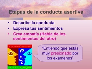 Etapas de la conducta asertiva Describe la conducta Expresa tus sentimientos Crea empatía (Habla de los sentimientos del otro) “ Entiendo que estás muy  presionado  por los exámenes” 