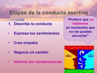 Etapas de la conducta asertiva Describe la conducta Expresa tus sentimientos Crea empatía Negocia un cambio Informa las consecuencias “ Prefiero que  no hablemos en momentos que no me puedes escuchar” 