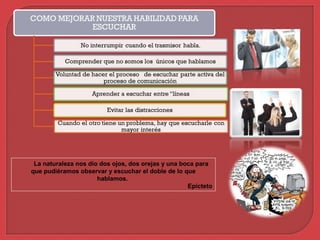 La naturaleza nos dio dos ojos, dos orejas y una boca para 
que pudiéramos observar y escuchar el doble de lo que 
hablamos. 
Epícteto
 