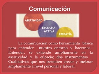 La comunicación como herramienta básica
para entender nuestro entorno y hacernos
Entender, se extiende ampliamente en la
asertividad y la eficacia; dos instrumentos
Cualitativos que nos permiten crecer y mejorar
ampliamente a nivel personal y laboral.
Comunicación
 