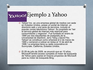 Ejemplo 2 Yahoo
O Yahoo! Inc. es una empresa global de medios con sede
en Estados Unidos, posee un portal de Internet, un
directorio web y una serie de servicios, incluido el
popular correo electrónico Yahoo!. Su propósito es "ser
el servicio global de Internet más esencial para
consumidores y negocios". Fue fundada en enero de
1994 por dos estudiantes de postgrado de la
Universidad de Stanford, Jerry Yang y David Filo.
Yahoo! se constituyó como empresa el 2 de marzo de
1995 y comenzó a cotizar en bolsa el 12 de abril de
1996. La empresa tiene su sede corporativa en
Sunnyvale, California, Estados Unidos.
O El 29 de julio de 2009, se anunció que en 10 años,
Microsoft tendrá acceso completo al motor de búsqueda
de Yahoo para usarse en futuros proyectos de Microsoft
para su motor de búsqueda Bing.
 