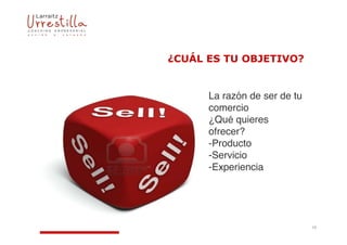 


      La razón de ser de tu
      comercio
      ¿Qué quieres
      ofrecer?
      -Producto
      -Servicio
      -Experiencia




                              10
 
