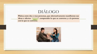 DIÁLOGO
Plática entre dos o mas personas, que alternativamente manifiestan sus
ideas o afectos comprender lo que se conversa y a la persona
con la que se conversa.
objetivo
 