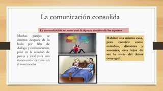 La comunicación consolida
Muchas parejas se
aburren después de la
boda por falta de
diálogo y comunicación,
pilar en la relación de
pareja y vital para una
convivencia cercana en
el matrimonio.
La comunicación se nutre con la riqueza interior de los esposos
Habitar una misma casa,
pero convivir como
extraños, distantes y
ausentes, esta lejos de
ser la meta del Amor
conyugal.
 