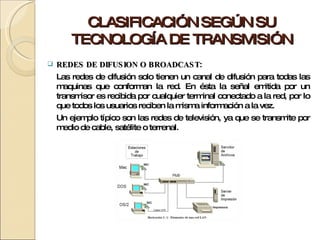 CLASIFICACIÓN SEGÚN SU TECNOLOGÍA DE TRANSMISIÓN REDES DE DIFUSION O BROADCAST : Las redes de difusión solo tienen un canal de difusión para todas las maquinas que conforman la red. En ésta la señal emitida por un transmisor es recibida por cualquier terminal conectado a la red, por lo que todos los usuarios reciben la misma información a la vez. Un ejemplo típico son las redes de televisión, ya que se transmite por medio de cable, satélite o terrenal. 
