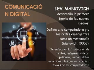 COMUNICACIÓ        LEV MANOVICH
N DIGITAL            desarrolla la primera
                      teoría de los nuevos
                                   medios.
              Define a la computadora y a
                    las redes emergentes
                      como un metamedio
                        (Manovich, 2006).
                Se enfoca en la traducción de
                    textos, imágenes, videos,
                      películas, audio a datos
              numéricos a los que se accede a
                 través de las computadoras.
 