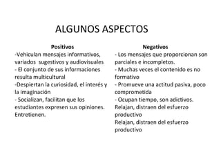 Positivos Negativos
-Vehiculan mensajes informativos,
variados sugestivos y audiovisuales
- El conjunto de sus informaciones
resulta multicultural
-Despiertan la curiosidad, el interés y
la imaginación
- Socializan, facilitan que los
estudiantes expresen sus opiniones.
Entretienen.
- Los mensajes que proporcionan son
parciales e incompletos.
- Muchas veces el contenido es no
formativo
- Promueve una actitud pasiva, poco
comprometida
- Ocupan tiempo, son adictivos.
Relajan, distraen del esfuerzo
productivo
Relajan, distraen del esfuerzo
productivo
ALGUNOS ASPECTOS
 