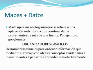 Mapas + Datos
 Mash up es un neologismo que se refiere a una
aplicación web híbrida que combina datos
provenientes de más de una fuente. Por ejemplo:
googlemaps.
ORGANIZADORES GRÀFICOS
Herramientas visuales para ordenar información que
mediante el trabajo con ideas y conceptos ayudan más a
los estudiantes a pensar y a aprender más efectivamente.
 